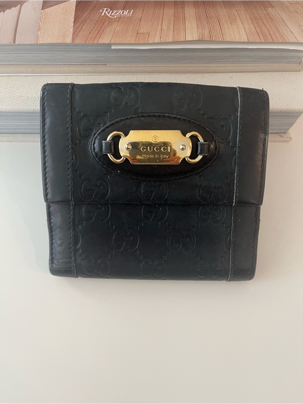 Gucci Black Leather Compact Wallet with Gold Plate